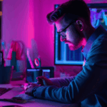 Profissional de tecnologia trabalhando à noite em frente a múltiplas telas com gráficos e códigos, em ambiente iluminado por luzes em tons de roxo e azul.