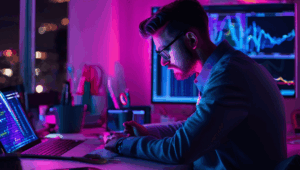 Profissional de tecnologia trabalhando à noite em frente a múltiplas telas com gráficos e códigos, em ambiente iluminado por luzes em tons de roxo e azul.