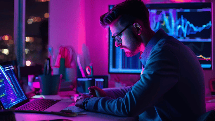 Profissional de tecnologia trabalhando à noite em frente a múltiplas telas com gráficos e códigos, em ambiente iluminado por luzes em tons de roxo e azul.