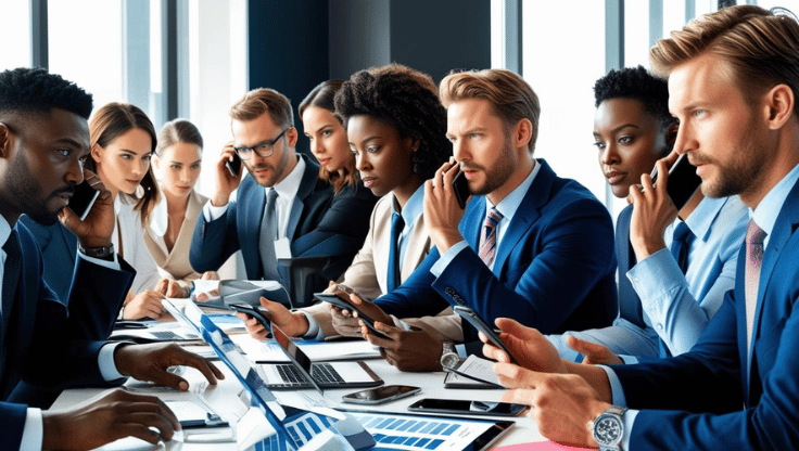 Grupo de profissionais de negócios em trajes formais reunidos em torno de uma mesa de conferência, focados em seus smartphones e laptops durante uma reunião.